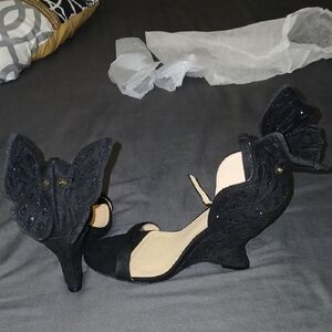 Fashion Nova Black Butterfly Wing Heels with Ankle Strap